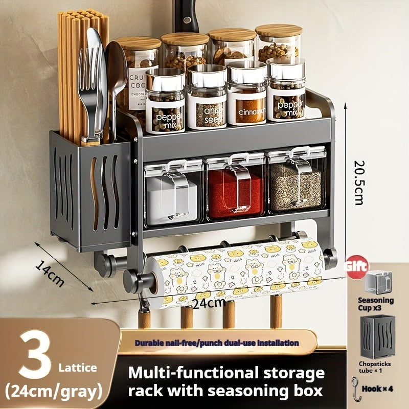 Multi-Functional No-Drill Wall-Mounted Kitchen Spice Rack-No Drilling Required, Includes Spoon Holder And Spice Storage Boxes-Versatile Kitchen Organizer for Home & Cooking Use, Utility Racks