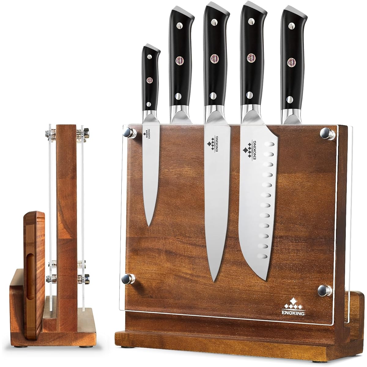 ENOKING Magnetic Knife Block with Acrylic Shield & Acacia Wood - Double-Sided Knife Holder, Magnetic Storage Organizer for Chef,, Steak Knives - Knife Block for Counter\u002FDrawer (No Installation) - Wood Knife