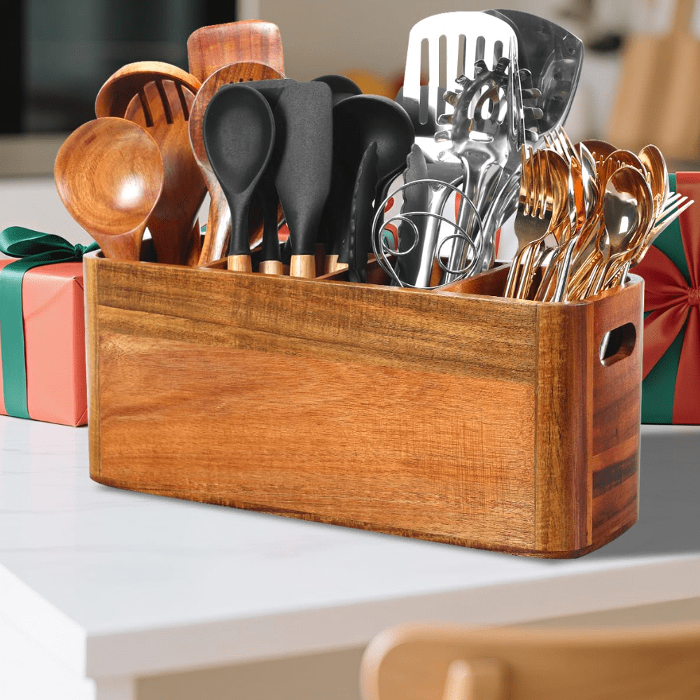 Large Wooden Cutlery Storage Jar | Kitchen Utensil Holder Organizer for Counter or Countertop, 4 Compartment Rustic Wood Container Extra Large