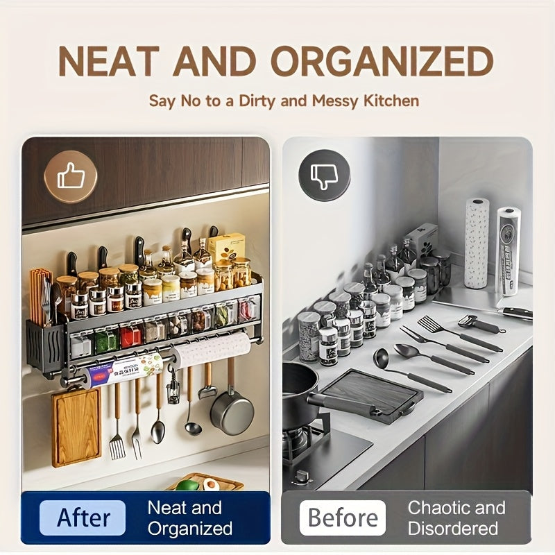 Multi-Functional No-Drill Wall-Mounted Kitchen Spice Rack-No Drilling Required, Includes Spoon Holder And Spice Storage Boxes-Versatile Kitchen Organizer for Home & Cooking Use, Utility Racks