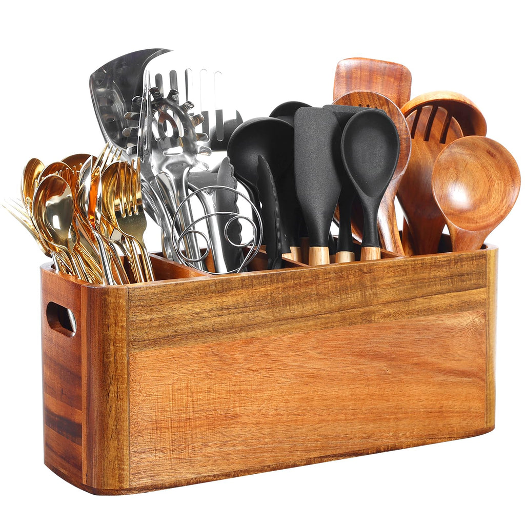 Large Wooden Cutlery Storage Jar | Kitchen Utensil Holder Organizer for Counter or Countertop, 4 Compartment Rustic Wood Container Extra Large