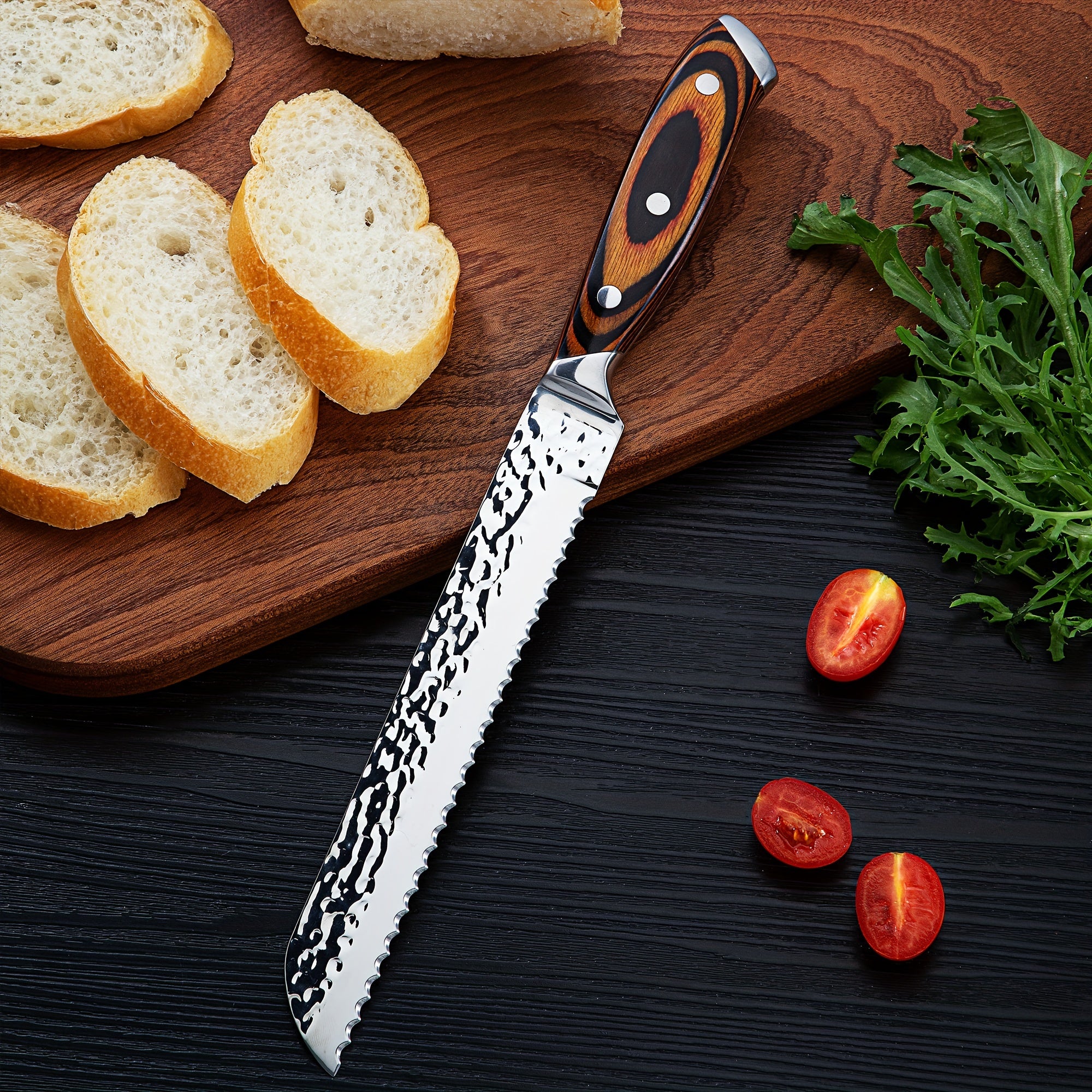 15pcs Professional Knife Collection for The Kitchen, Featuring Ultra-Sharp Blades And a Wooden Storage Block, Including a Chef'S Knife with a Sharpener, Medium Carbon Stainless Steel Hammered Knives, Steak Knives, And an Ideal Gift for Family.