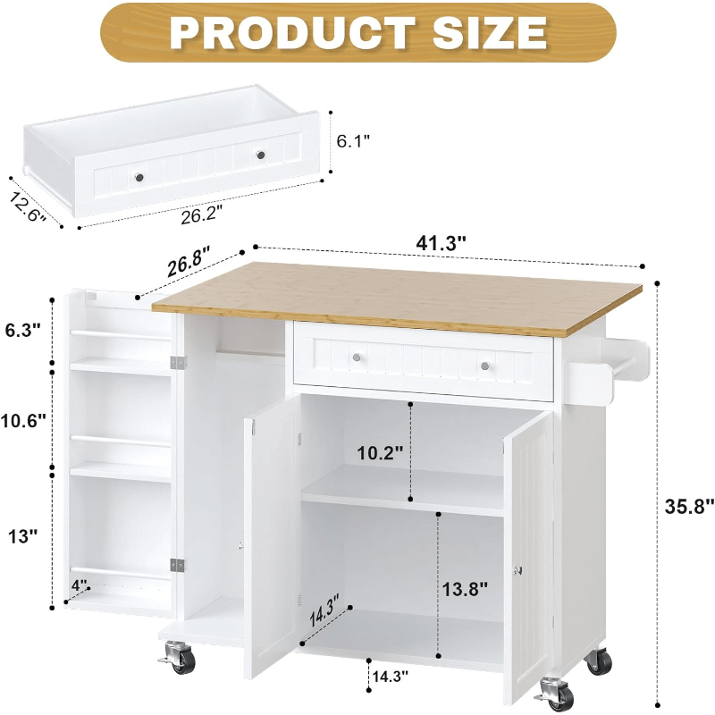 Modern Mobile Kitchen Island Cart with Drop Leaf Table, Storage Cabinet & Doors, Spice Rack, Drawer, Towel Rack - Rolling Cabinet on Wheels, Space-Saving Buffet Sideboard for Small Kitchens, Dining Room, Parties - Durable Non-Wood Design