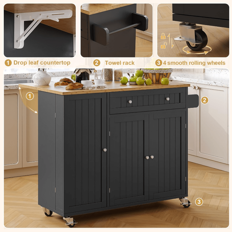 Modern Mobile Kitchen Island Cart with Drop Leaf Table, Storage Cabinet & Doors, Spice Rack, Drawer, Towel Rack - Rolling Cabinet on Wheels, Space-Saving Buffet Sideboard for Small Kitchens, Dining Room, Parties - Durable Non-Wood Design