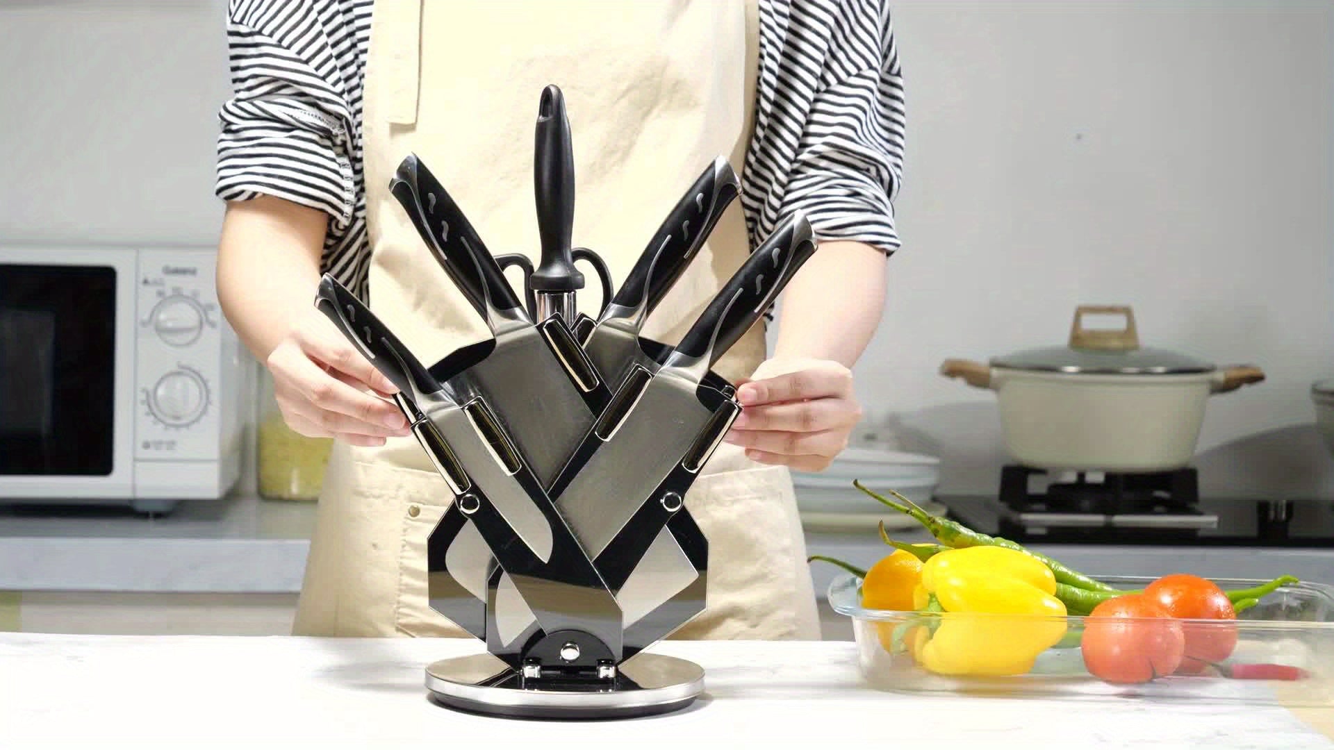 7pcs Damascus Pattern Stainless Steel Kitchen Knife Set with Universal Knife Holder -Chef, Fruit, and Safety Knives Included