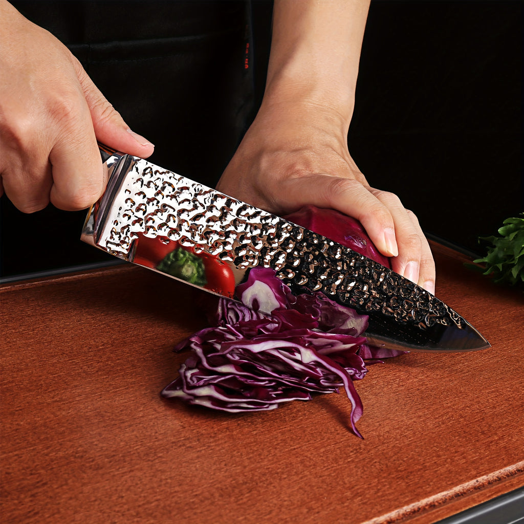15pcs Professional Knife Collection for The Kitchen, Featuring Ultra-Sharp Blades And a Wooden Storage Block, Including a Chef'S Knife with a Sharpener, Medium Carbon Stainless Steel Hammered Knives, Steak Knives, And an Ideal Gift for Family.