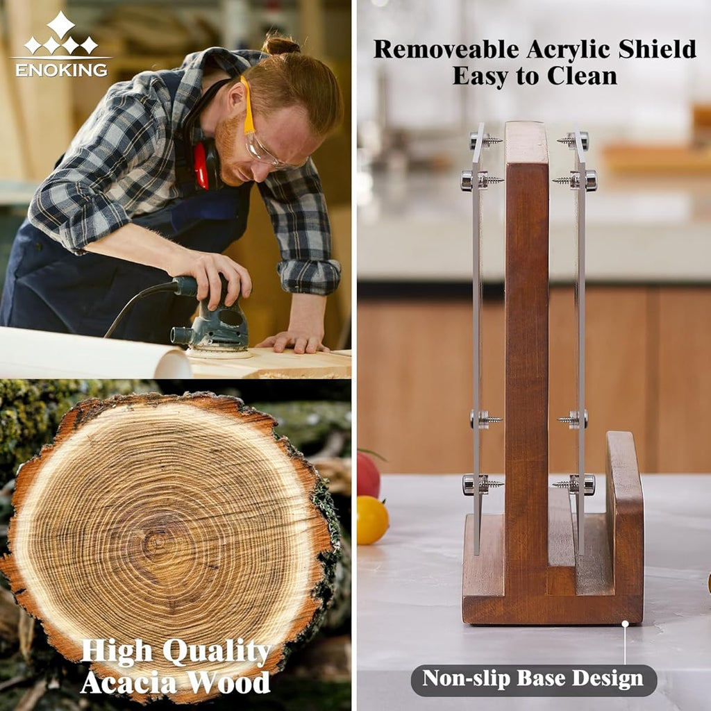 ENOKING Magnetic Knife Block with Acrylic Shield & Acacia Wood - Double-Sided Knife Holder, Magnetic Storage Organizer for Chef,, Steak Knives - Knife Block for Counter\u002FDrawer (No Installation) - Wood Knife