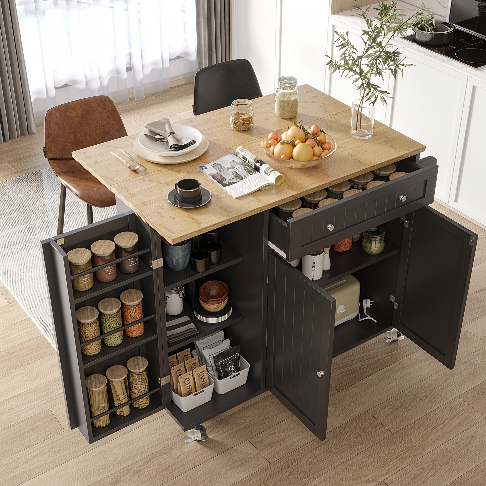 Modern Mobile Kitchen Island Cart with Drop Leaf Table, Storage Cabinet & Doors, Spice Rack, Drawer, Towel Rack - Rolling Cabinet on Wheels, Space-Saving Buffet Sideboard for Small Kitchens, Dining Room, Parties - Durable Non-Wood Design
