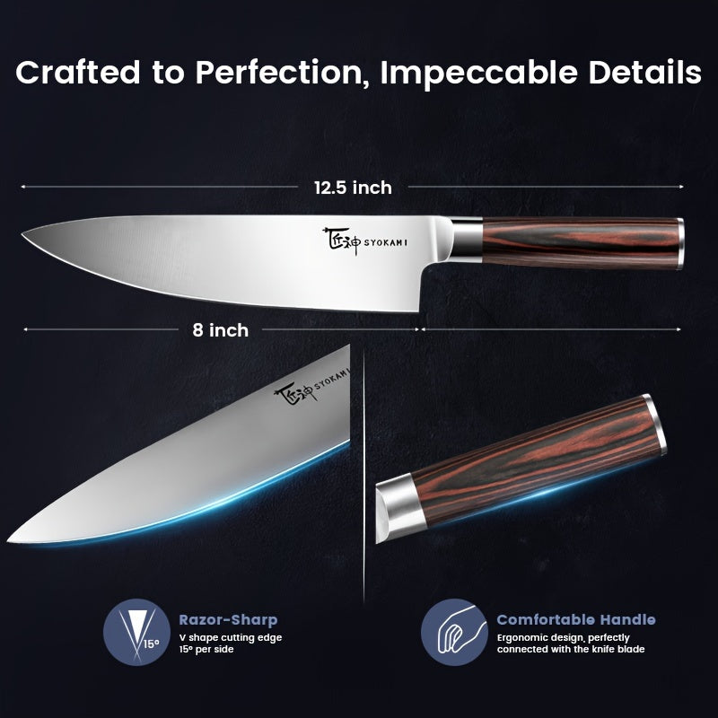 7pcs Japanese Style Kitchen Knife Block Set with Collapsible Block-Drawer or Countertop Organizer, Ultra Sharp High Carbon Steel Cutting Knives with Wood Handle, House Warming Gift