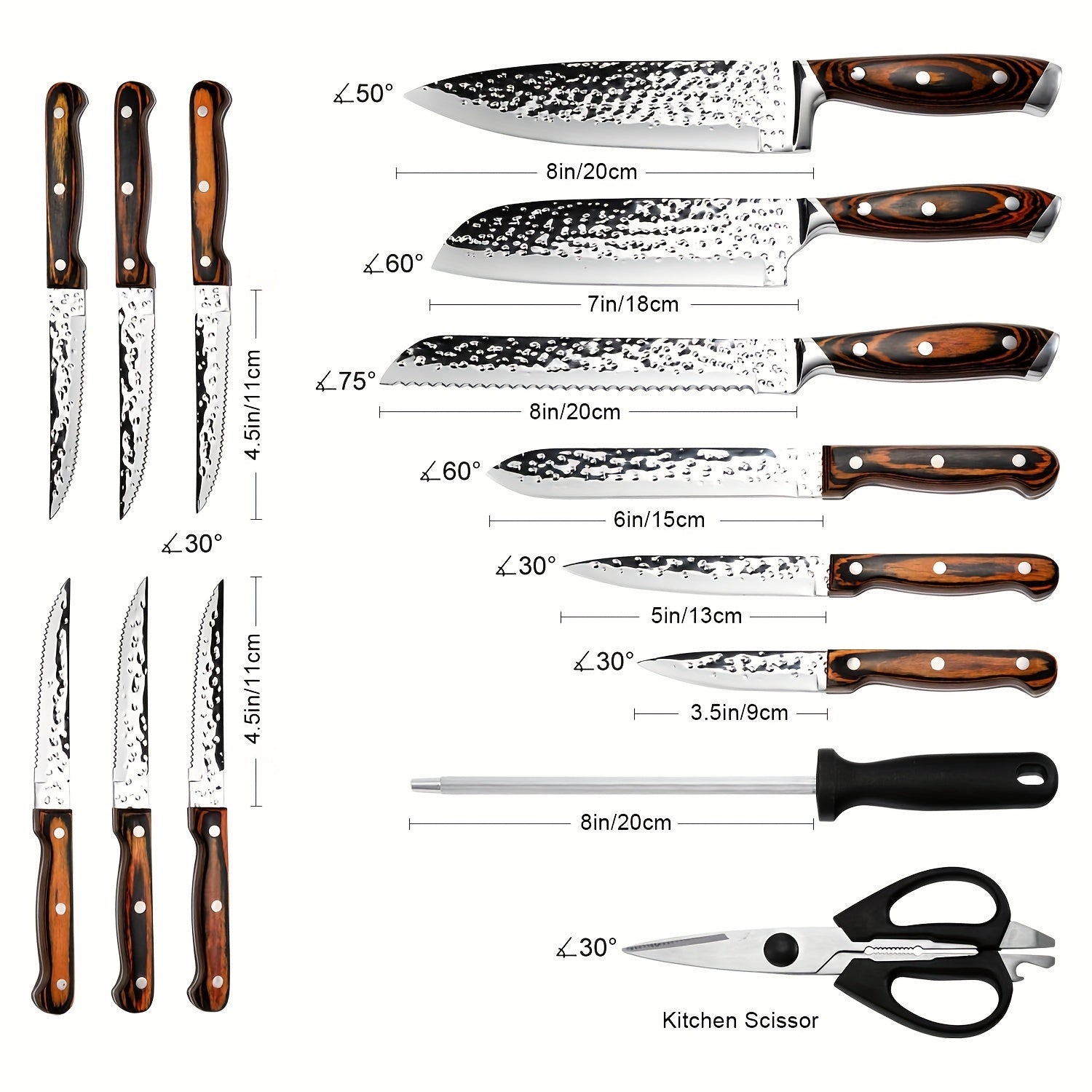 15pcs Professional Knife Collection for The Kitchen, Featuring Ultra-Sharp Blades And a Wooden Storage Block, Including a Chef'S Knife with a Sharpener, Medium Carbon Stainless Steel Hammered Knives, Steak Knives, And an Ideal Gift for Family.