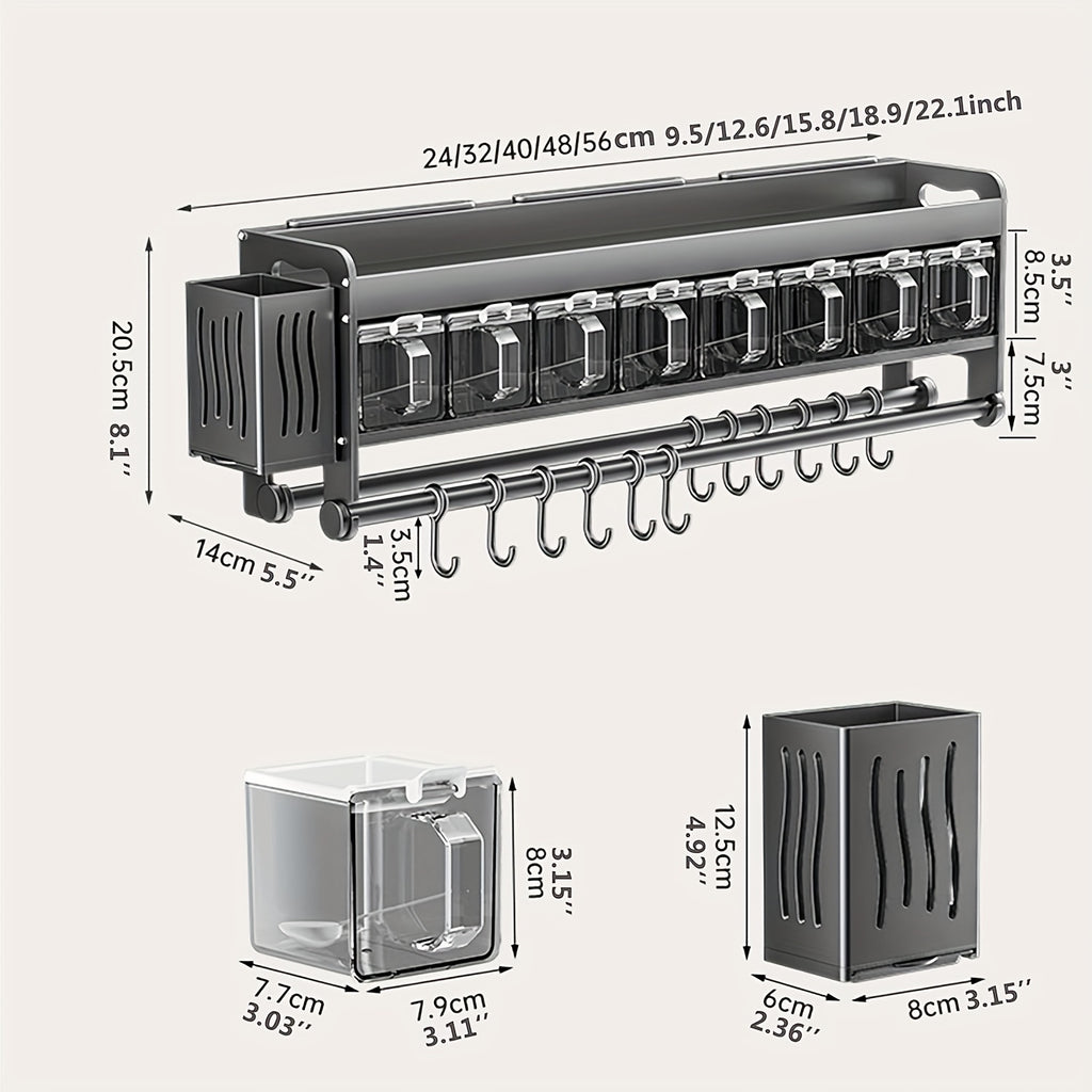 Multi-Functional No-Drill Wall-Mounted Kitchen Spice Rack-No Drilling Required, Includes Spoon Holder And Spice Storage Boxes-Versatile Kitchen Organizer for Home & Cooking Use, Utility Racks