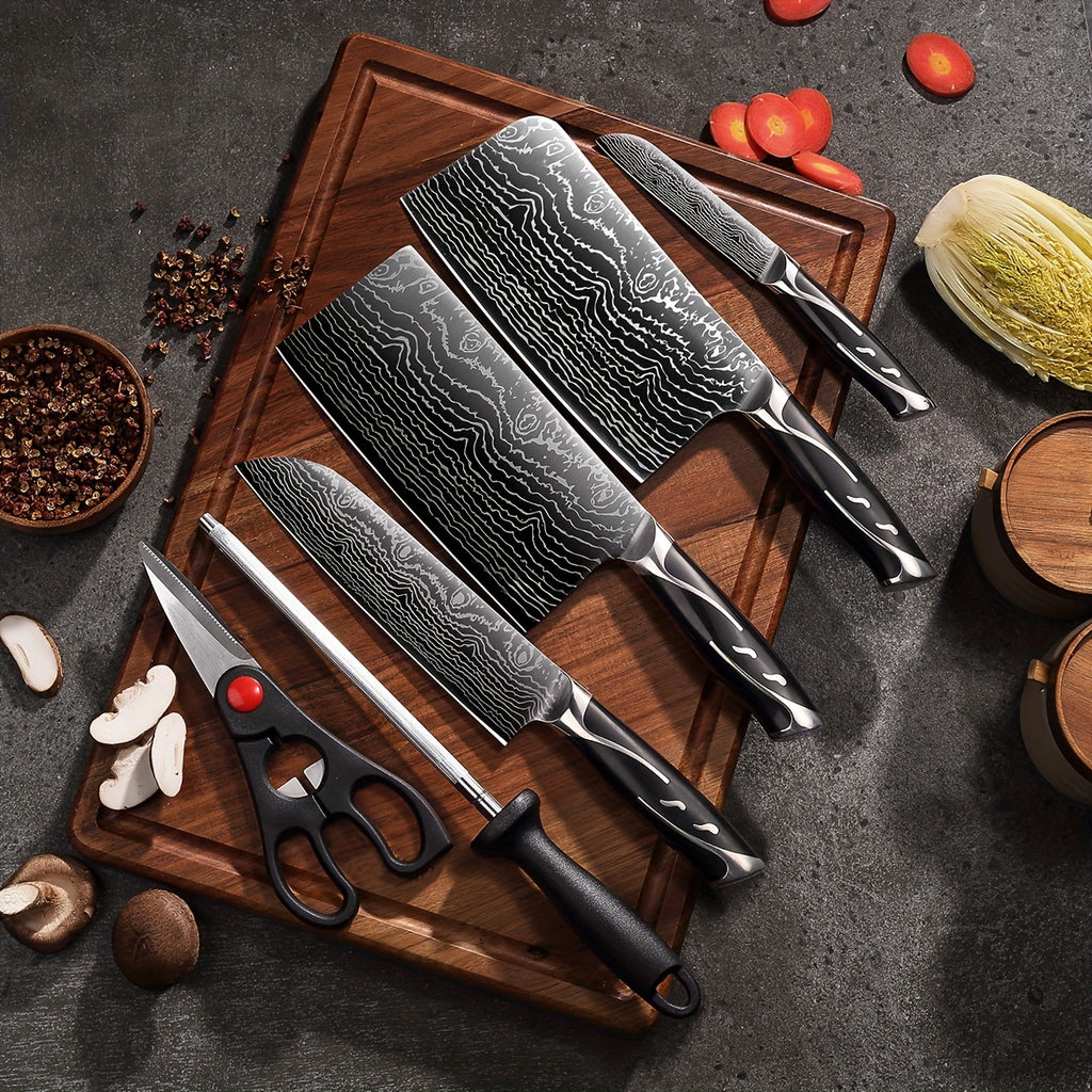7pcs Damascus Pattern Stainless Steel Kitchen Knife Set with Universal Knife Holder -Chef, Fruit, and Safety Knives Included