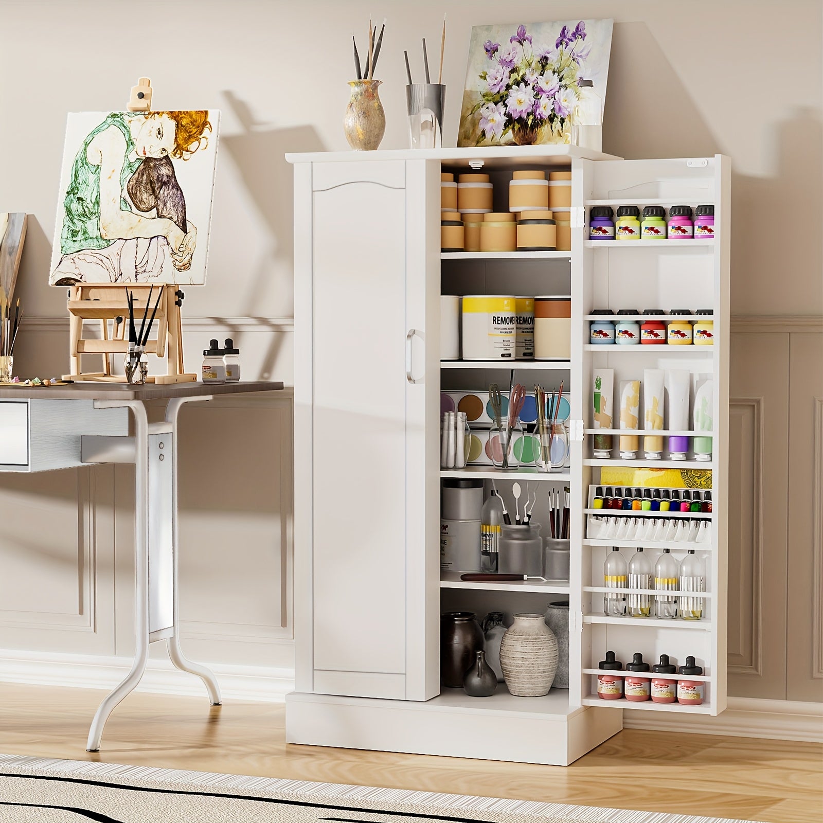 47 Inches Pantry Cabinet, Kitchen Pantry Cabinet with Adjustable Shelves, Freestanding Kitchen Pantry Storage Cabinet, Buffet Cupboards Sideboard for Kitchen, Living Room And Dinning Room