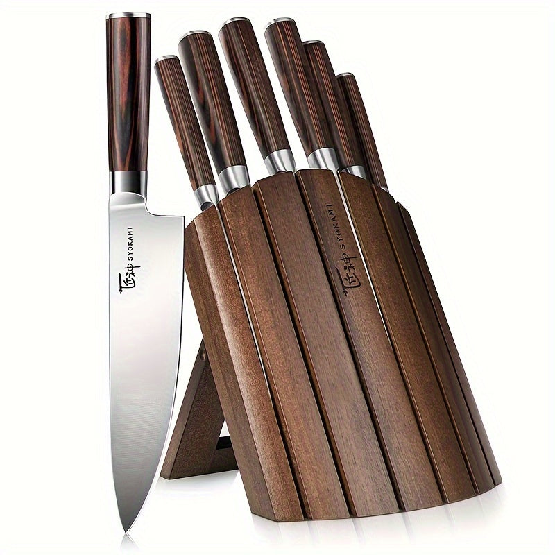 7pcs Japanese Style Kitchen Knife Block Set with Collapsible Block-Drawer or Countertop Organizer, Ultra Sharp High Carbon Steel Cutting Knives with Wood Handle, House Warming Gift