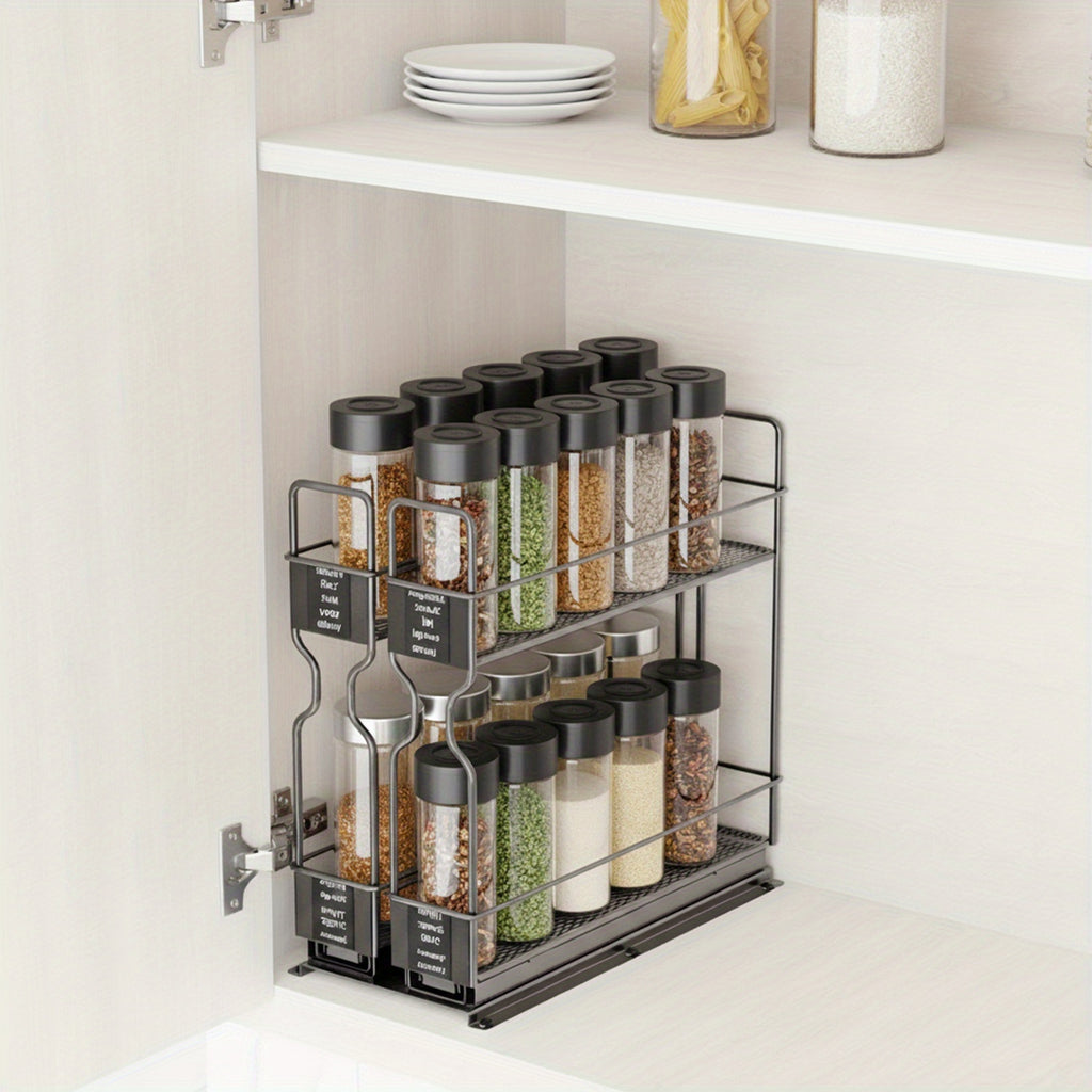 Heavy Duty 2-Tier Slide-Out Spice Rack Organizer with Labels - Adjustable Metal Kitchen Cabinet Storage Shelf, Space-Saving Sliding Mechanism, Powder-Coated Finish, 5.2\
