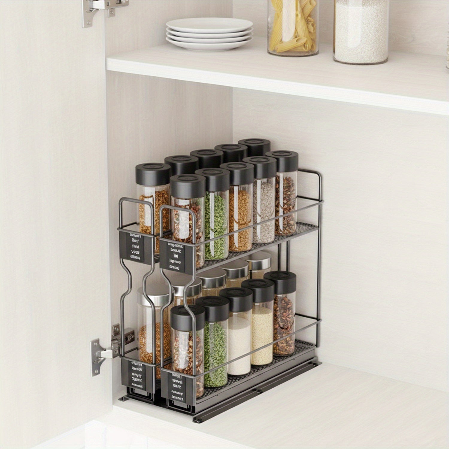 Heavy Duty 2-Tier Slide-Out Spice Rack Organizer with Labels - Adjustable Metal Kitchen Cabinet Storage Shelf, Space-Saving Sliding Mechanism, Powder-Coated Finish, 5.2\