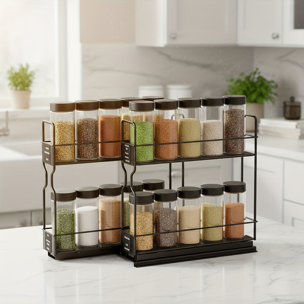 Heavy Duty 2-Tier Slide-Out Spice Rack Organizer with Labels - Adjustable Metal Kitchen Cabinet Storage Shelf, Space-Saving Sliding Mechanism, Powder-Coated Finish, 5.2\