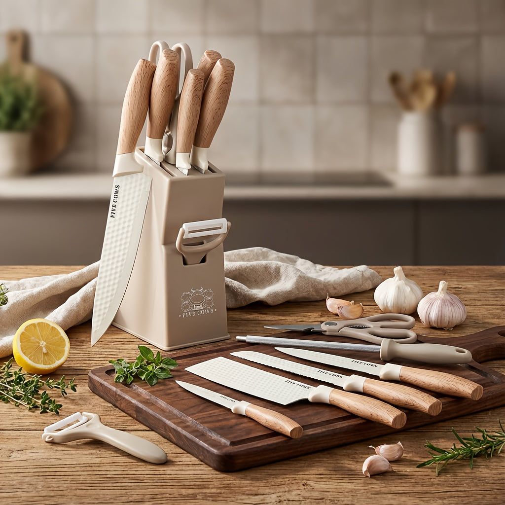 10pcs Knife Block Set with Sharpening Steel& Peeler- Chef& Bread Knives, Finger Guard| High-Carbon Stainless Steel, Dishwasher Safe| Perfect Christmas Gift for Home Chefs