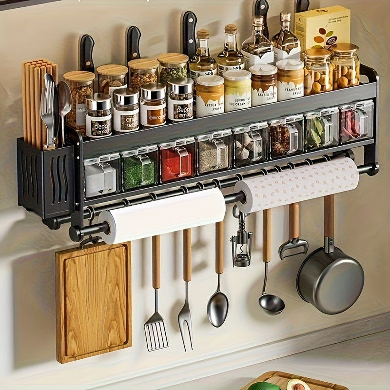 Multi-Functional No-Drill Wall-Mounted Kitchen Spice Rack-No Drilling Required, Includes Spoon Holder And Spice Storage Boxes-Versatile Kitchen Organizer for Home & Cooking Use, Utility Racks