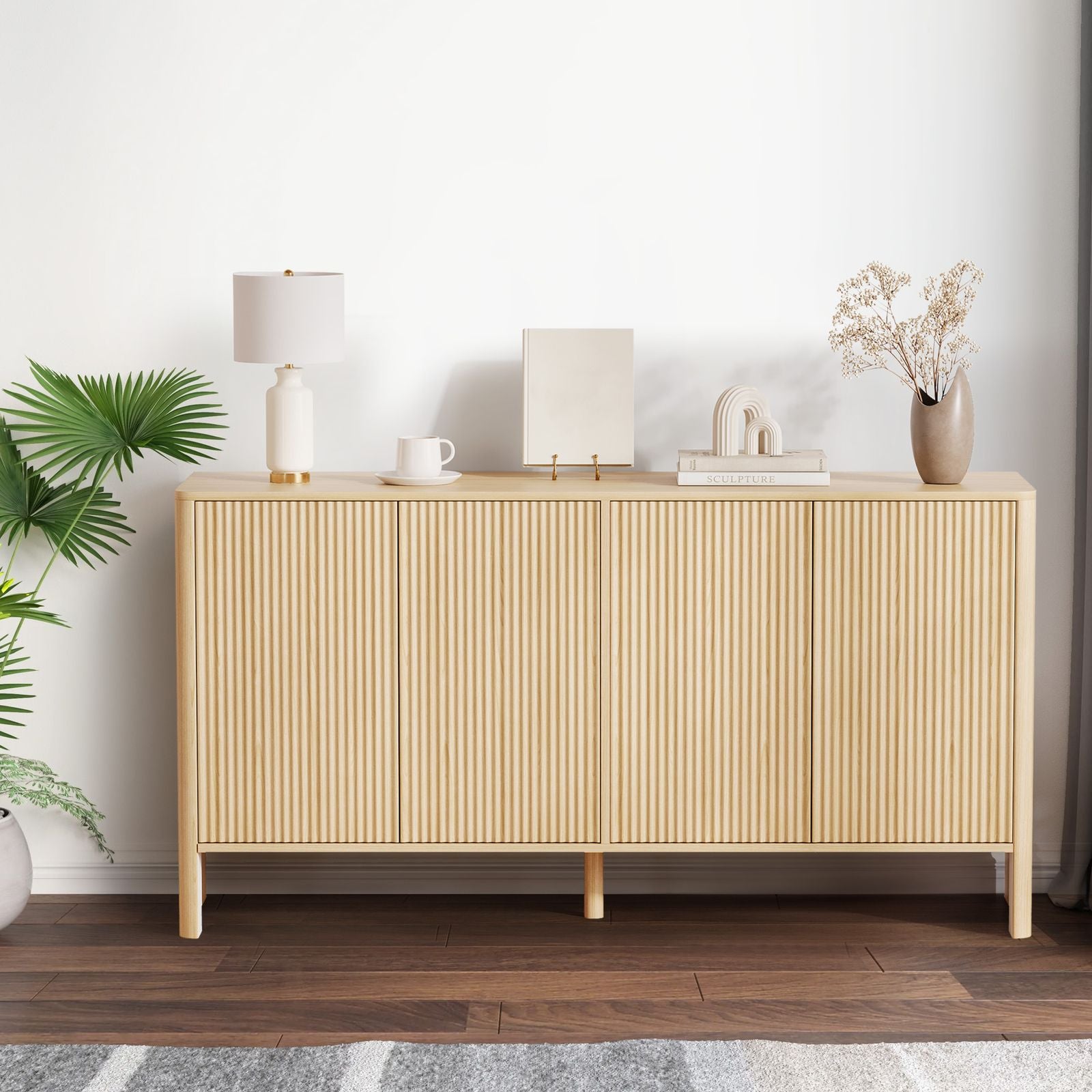 Modern Oak Wood Storage Cabinet with Fluted Doors & Adjustable Shelves - 58in Freestanding Buffet Credenza Suitable for Kitchen, Dining Room, Entryway, Coffee Bar Console Table, Multi-Functional Furniture for, Assembly Required, Christmas Decor