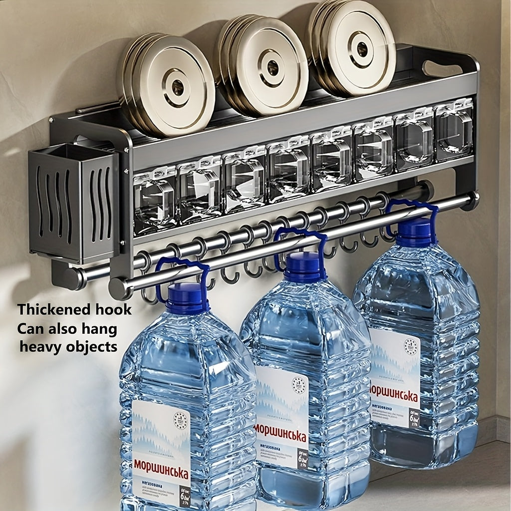 Multi-Functional No-Drill Wall-Mounted Kitchen Spice Rack-No Drilling Required, Includes Spoon Holder And Spice Storage Boxes-Versatile Kitchen Organizer for Home & Cooking Use, Utility Racks