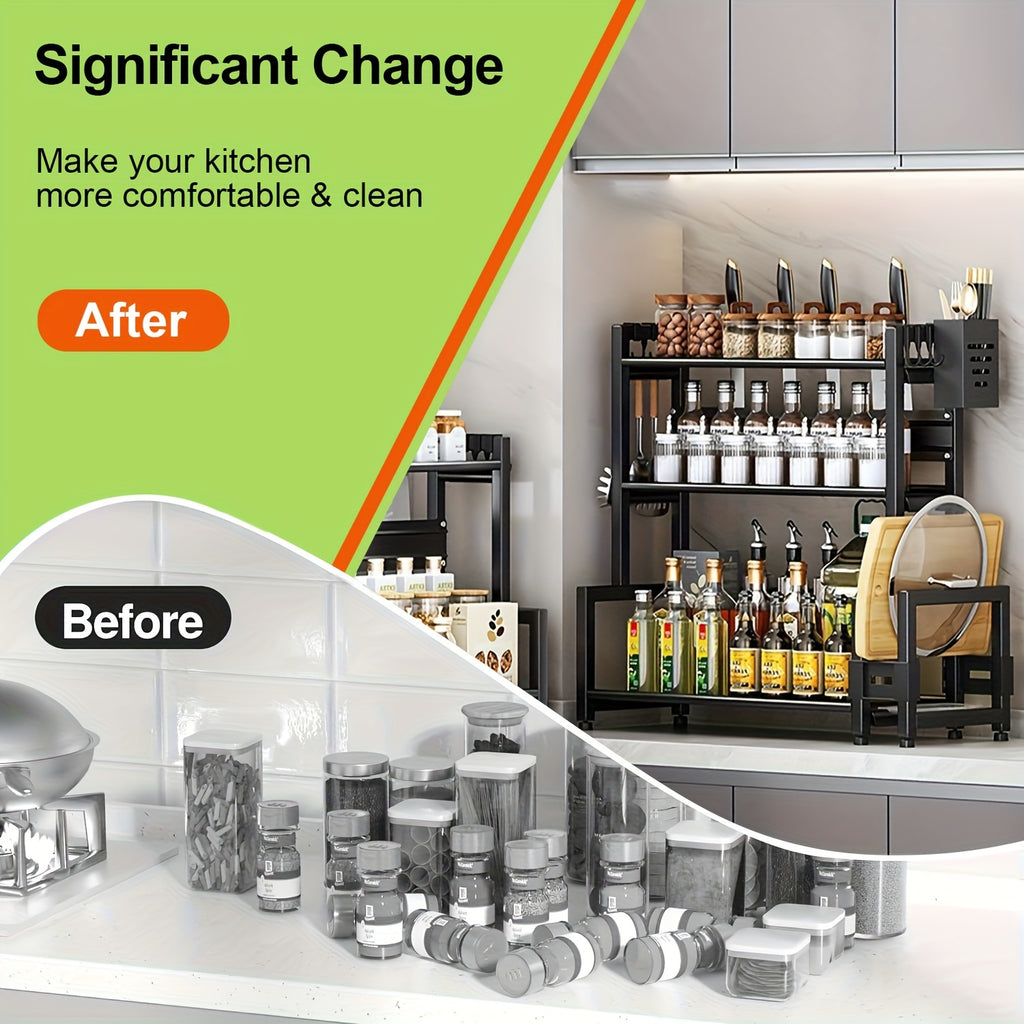 Multifunctional Metal Kitchen Storage Rack, Space-saving Kitchen Organizer with Cutting Board Holder for Storing Spices, Condiments and Chopping Knives, Easy to Assemble and Clean