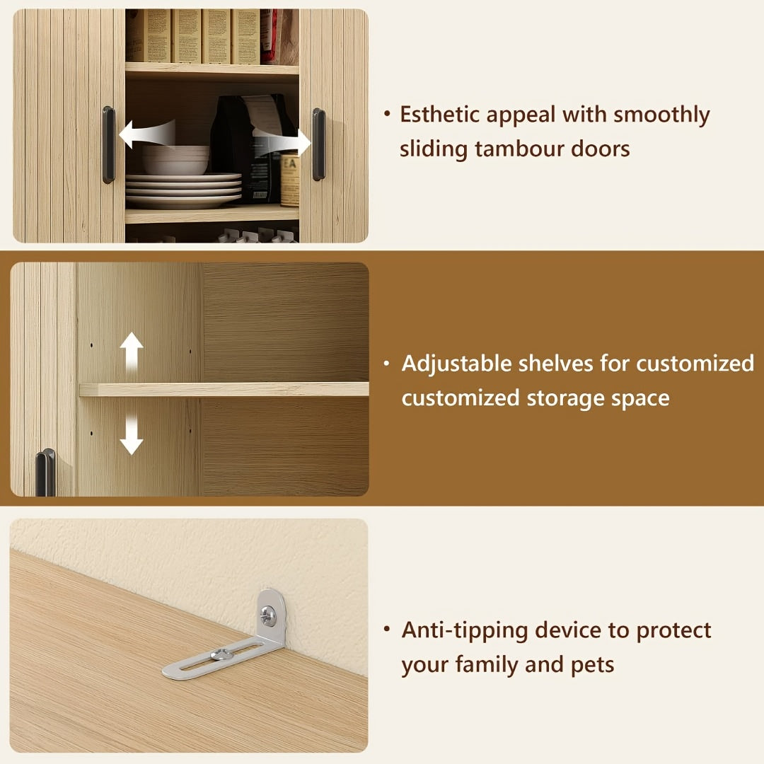 71'' Modern Kitchen Pantry Cabinet with Sliding Tambour Doors, Built-in Power Outlet & Adjustable Shelves - Heavy-Duty Freestanding Food Storage Cabinet with Wine Rack Suitable for Kitchen, Living Room, Buffet - \u002FMDF, Plug