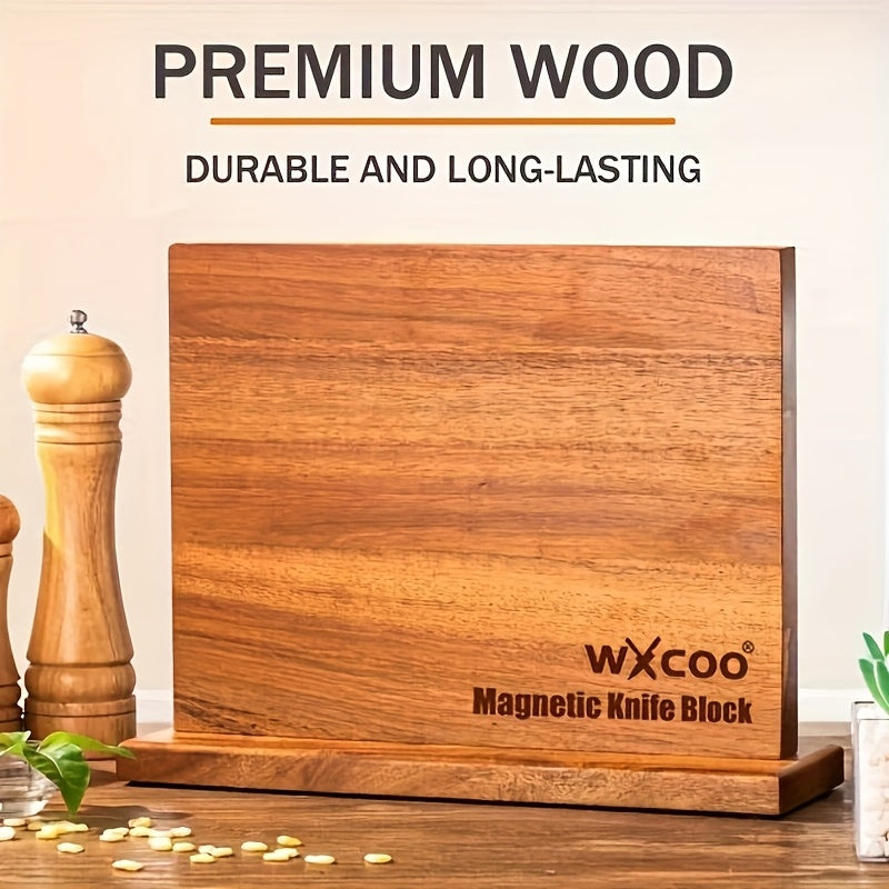 One Piece of a Double-Sided Wooden Knife Block Designed for Kitchen Convenience, Featuring a Magnetic Holder Rack with Strong Enhanced Magnets. This Multifunctional Storage Solution Serves As a Knife Organizer Without The Need for Drilling