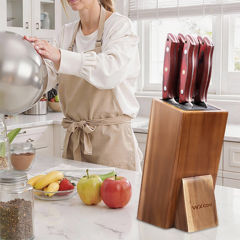 1pc Heavy-Duty Acacia Wood Knife Block with Removable Plastic Bristle & Non-Slip Base - Upright Knife Holder, Storage Stand, Natural Wood Grain Knife Organizer Suitable for Kitchen Countertop