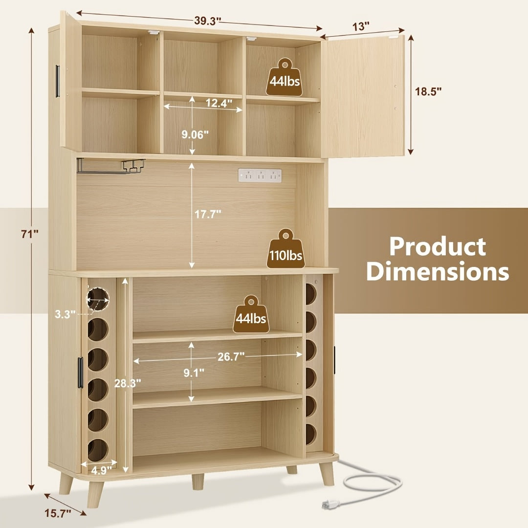71'' Modern Kitchen Pantry Cabinet with Sliding Tambour Doors, Built-in Power Outlet & Adjustable Shelves - Heavy-Duty Freestanding Food Storage Cabinet with Wine Rack Suitable for Kitchen, Living Room, Buffet - \u002FMDF, Plug