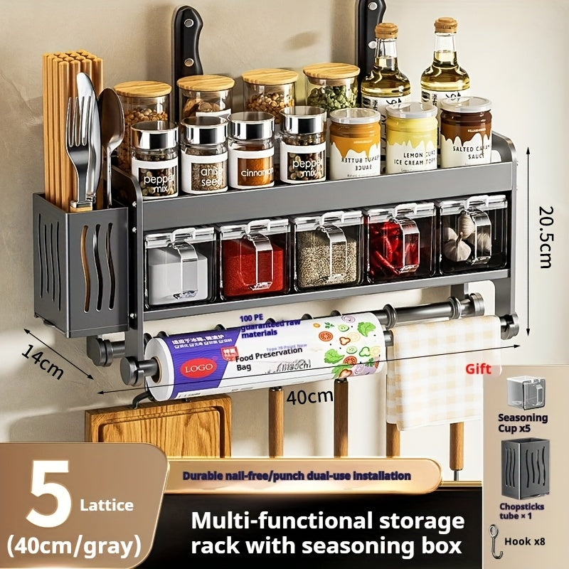 Multi-Functional No-Drill Wall-Mounted Kitchen Spice Rack-No Drilling Required, Includes Spoon Holder And Spice Storage Boxes-Versatile Kitchen Organizer for Home & Cooking Use, Utility Racks