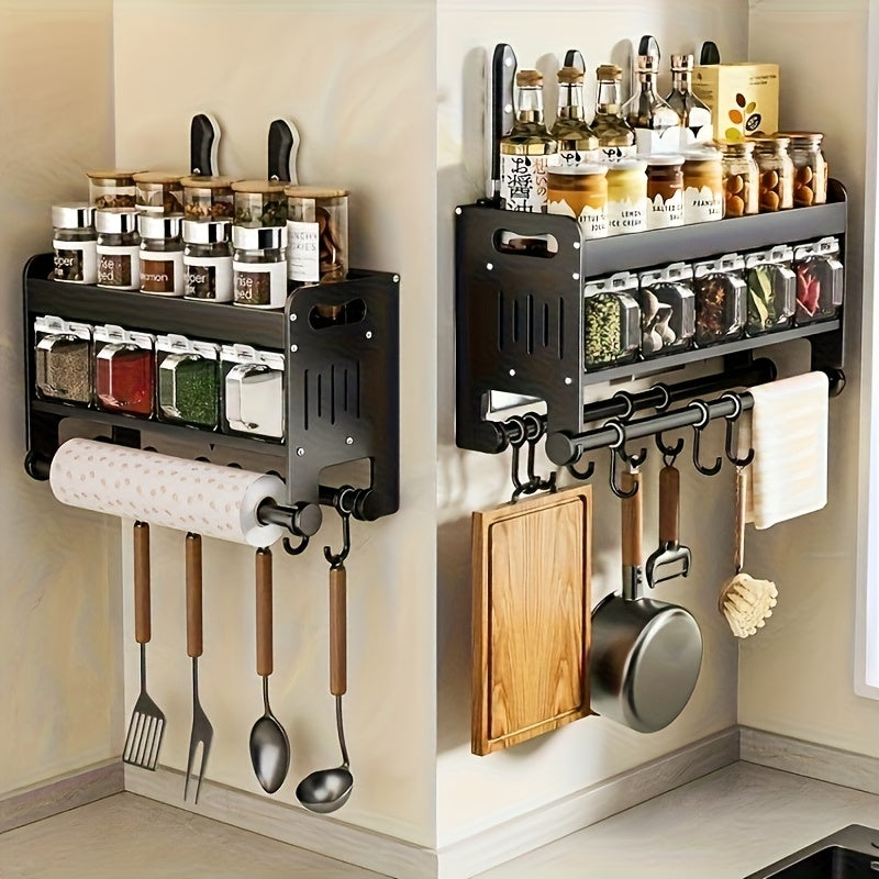 Multi-Functional No-Drill Wall-Mounted Kitchen Spice Rack-No Drilling Required, Includes Spoon Holder And Spice Storage Boxes-Versatile Kitchen Organizer for Home & Cooking Use, Utility Racks