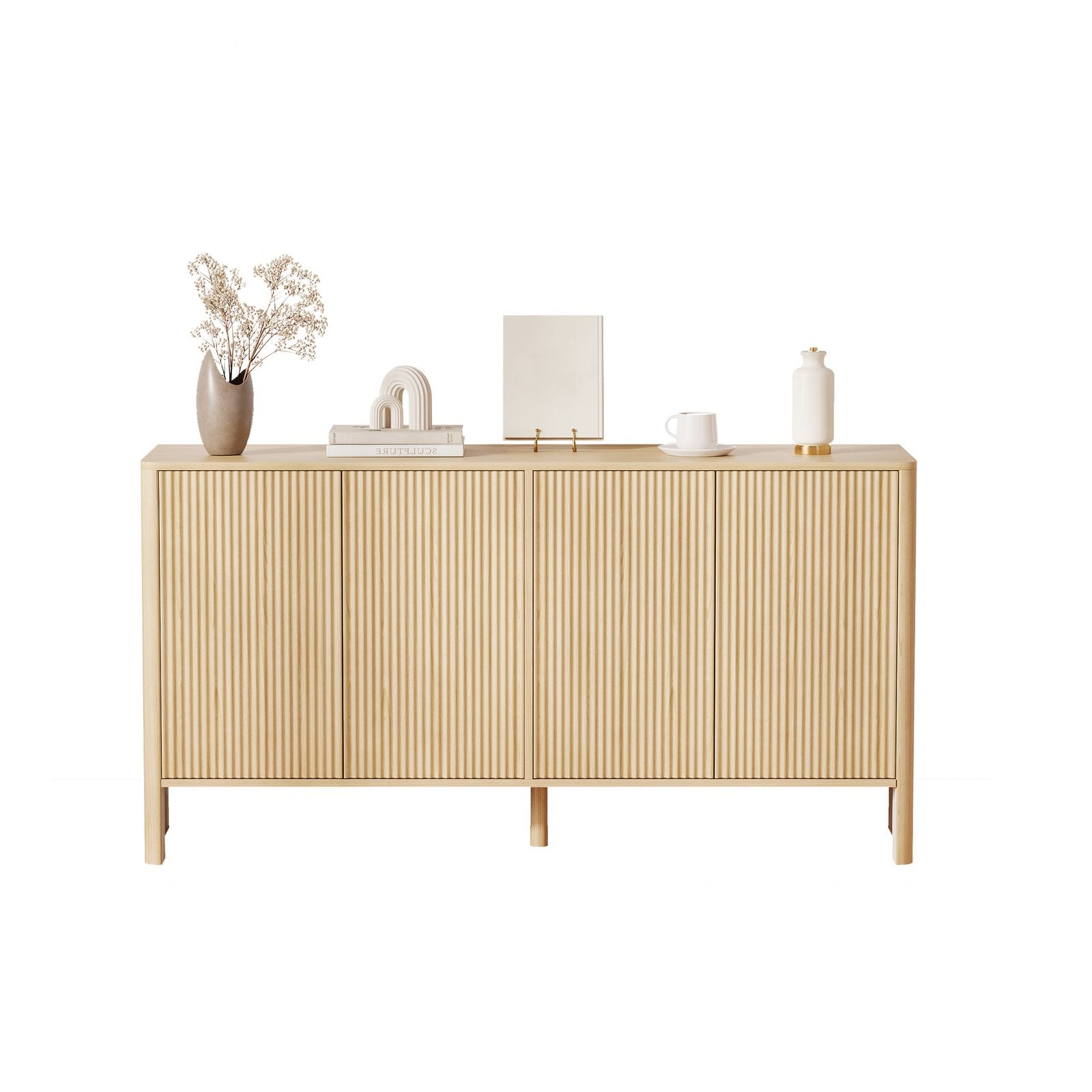 Modern Oak Wood Storage Cabinet with Fluted Doors & Adjustable Shelves - 58in Freestanding Buffet Credenza Suitable for Kitchen, Dining Room, Entryway, Coffee Bar Console Table, Multi-Functional Furniture for, Assembly Required, Christmas Decor