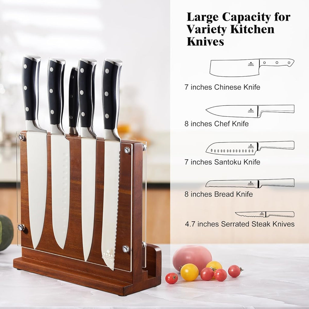 ENOKING Magnetic Knife Block with Acrylic Shield & Acacia Wood - Double-Sided Knife Holder, Magnetic Storage Organizer for Chef,, Steak Knives - Knife Block for Counter\u002FDrawer (No Installation) - Wood Knife