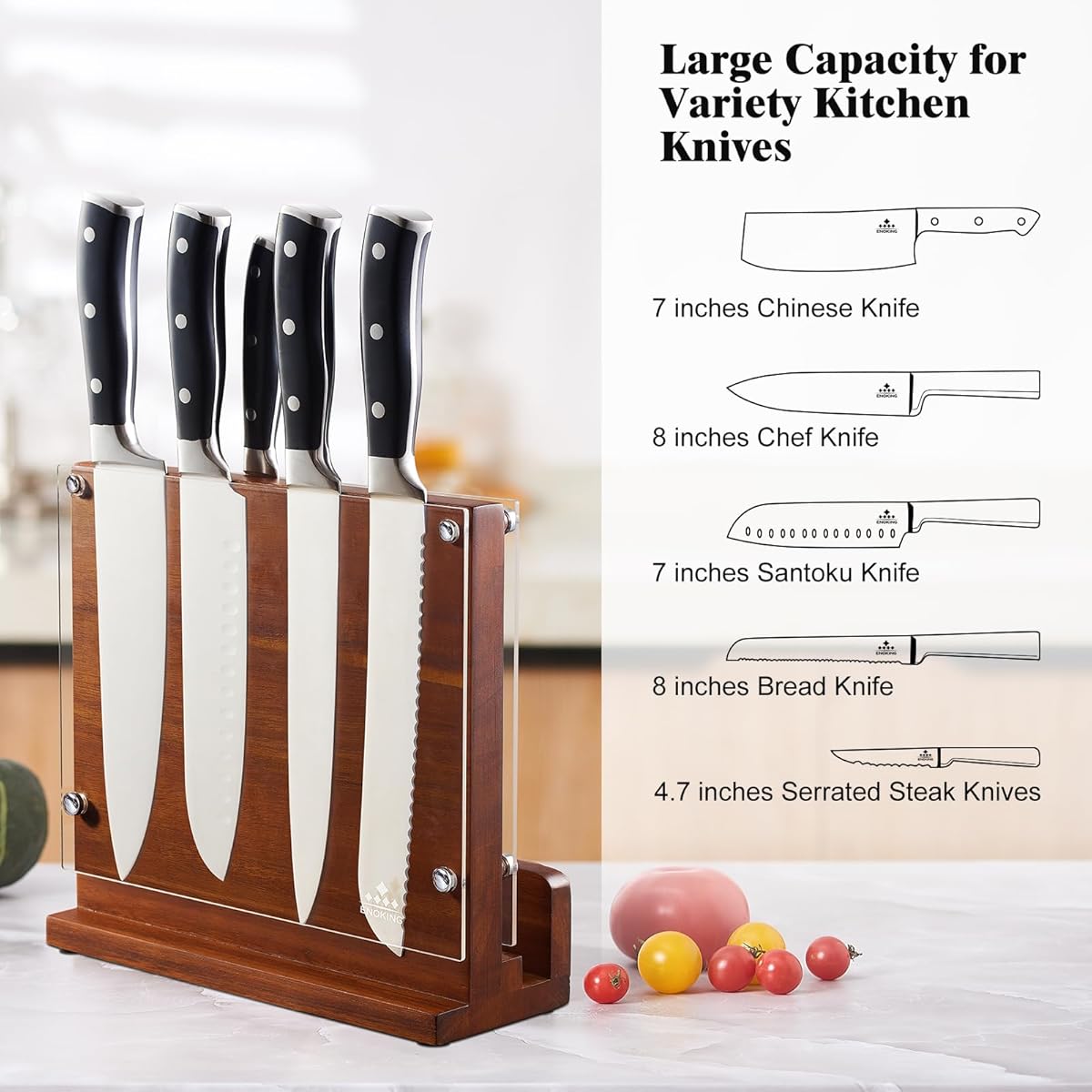 ENOKING Magnetic Knife Block with Acrylic Shield & Acacia Wood - Double-Sided Knife Holder, Magnetic Storage Organizer for Chef,, Steak Knives - Knife Block for Counter\u002FDrawer (No Installation) - Wood Knife