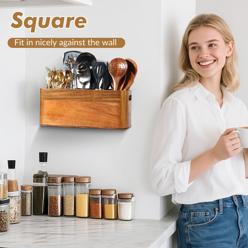 Large Wooden Cutlery Storage Jar | Kitchen Utensil Holder Organizer for Counter or Countertop, 4 Compartment Rustic Wood Container Extra Large