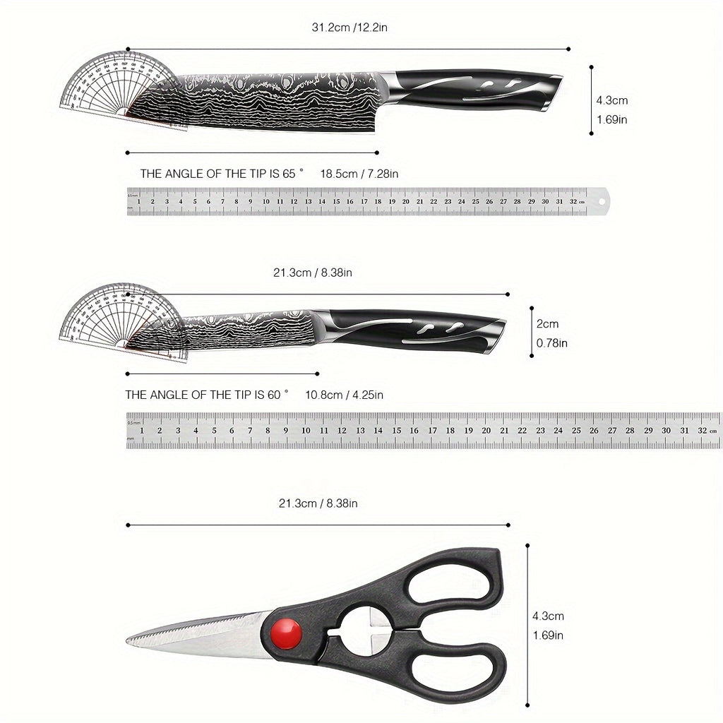 7pcs Damascus Pattern Stainless Steel Kitchen Knife Set with Universal Knife Holder -Chef, Fruit, and Safety Knives Included