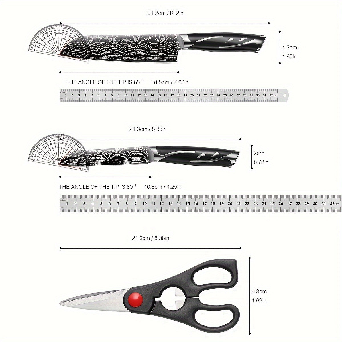 7pcs Damascus Pattern Stainless Steel Kitchen Knife Set with Universal Knife Holder -Chef, Fruit, and Safety Knives Included