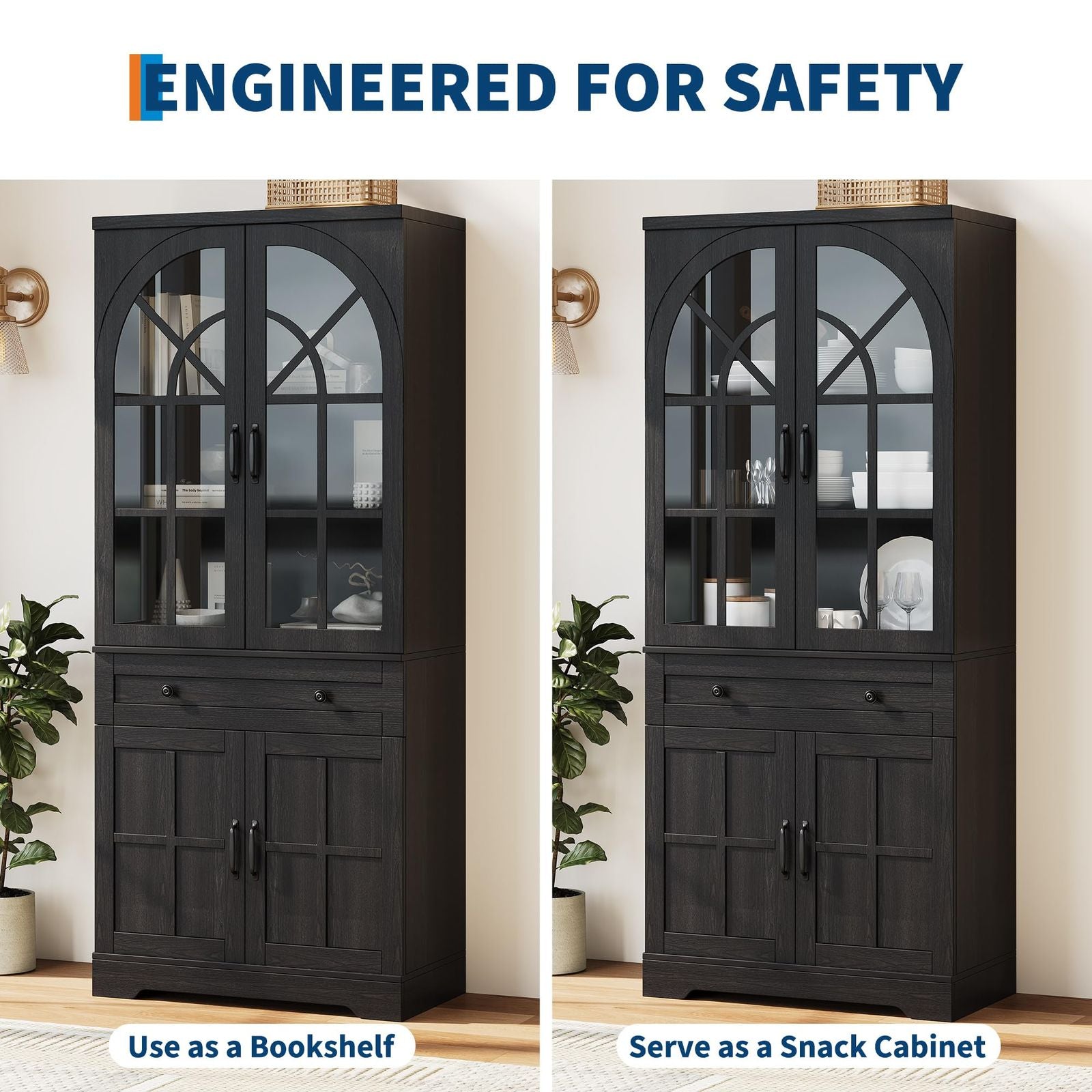 New Upgraded Arched Double Door Storage Cabinet with Suitable for Home Kitchen Pantry, Contemporary Freestanding Food Cabinet, Particle Board & MDF, Arched Door, Assembly, Space-Saving Vertical Unit for Room Decor Gifts, Christmas Decor