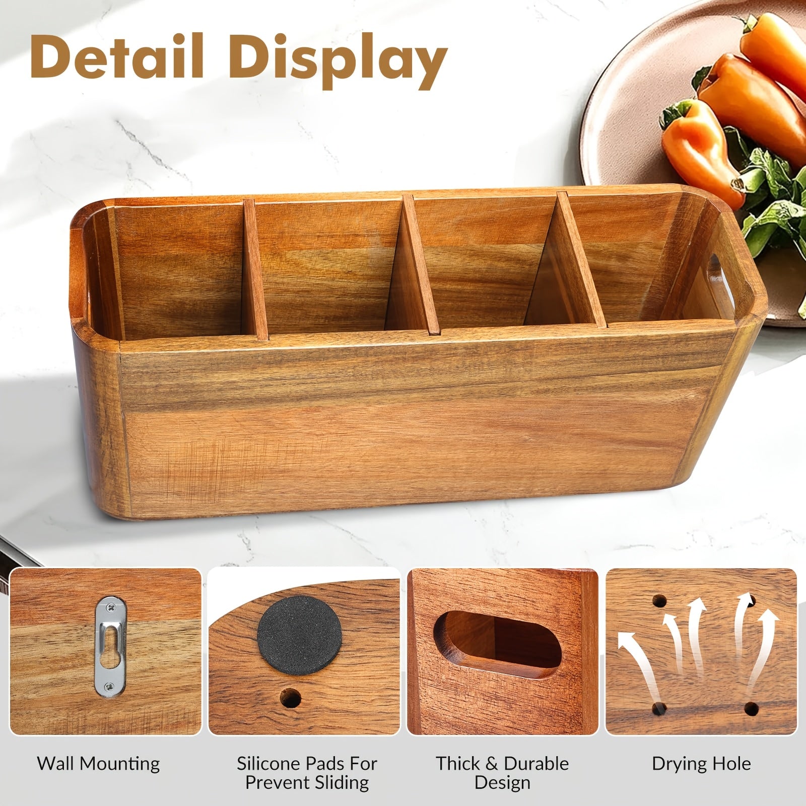 Large Wooden Cutlery Storage Jar | Kitchen Utensil Holder Organizer for Counter or Countertop, 4 Compartment Rustic Wood Container Extra Large