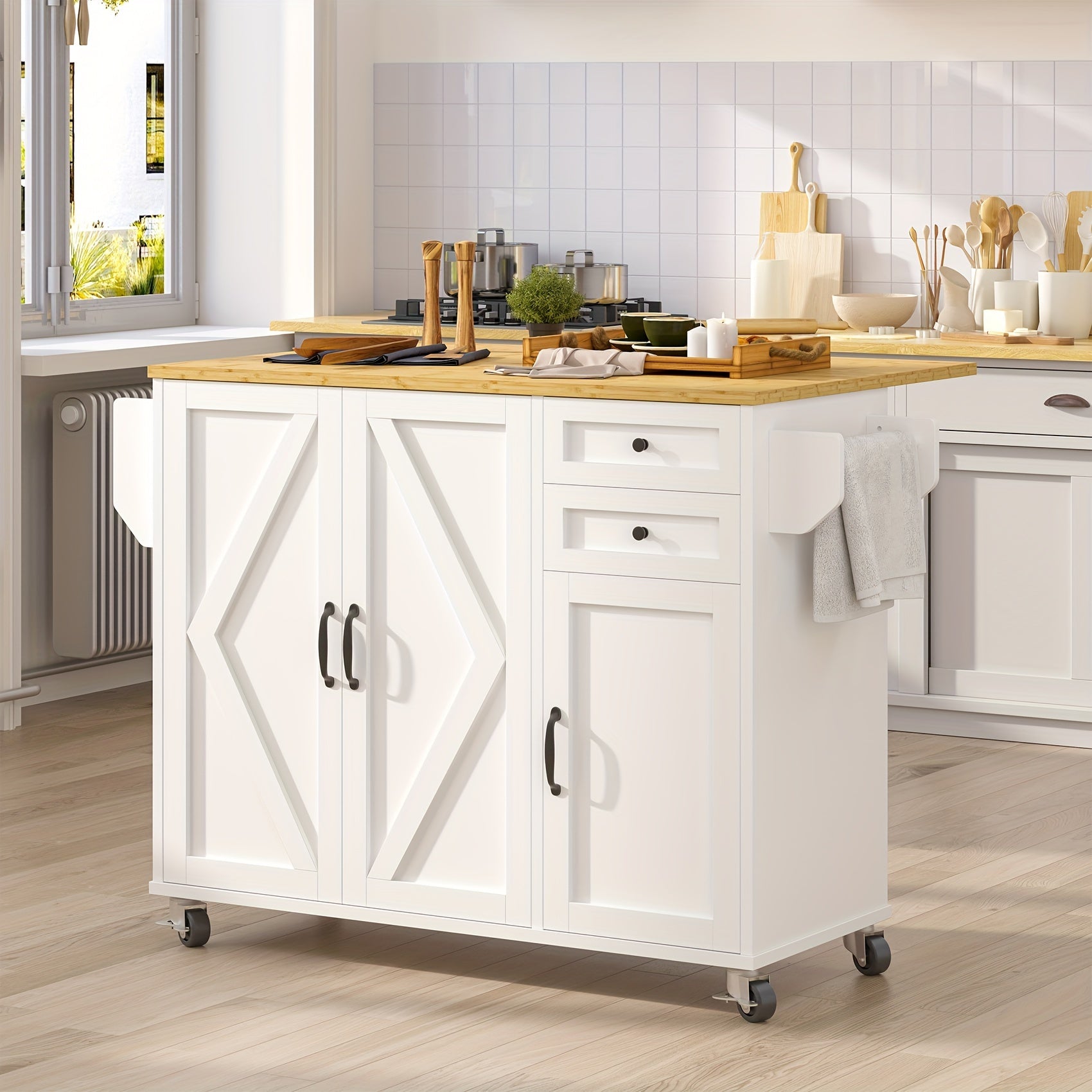 Modern Mobile Kitchen Island Cart with Drop Leaf Table, Storage Cabinet & Doors, Spice Rack, Drawer, Towel Rack - Rolling Cabinet on Wheels, Space-Saving Buffet Sideboard for Small Kitchens, Dining Room, Parties - Durable Non-Wood Design
