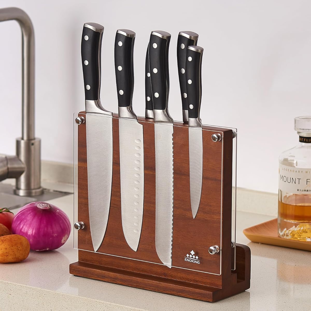 ENOKING Magnetic Knife Block with Acrylic Shield & Acacia Wood - Double-Sided Knife Holder, Magnetic Storage Organizer for Chef,, Steak Knives - Knife Block for Counter\u002FDrawer (No Installation) - Wood Knife