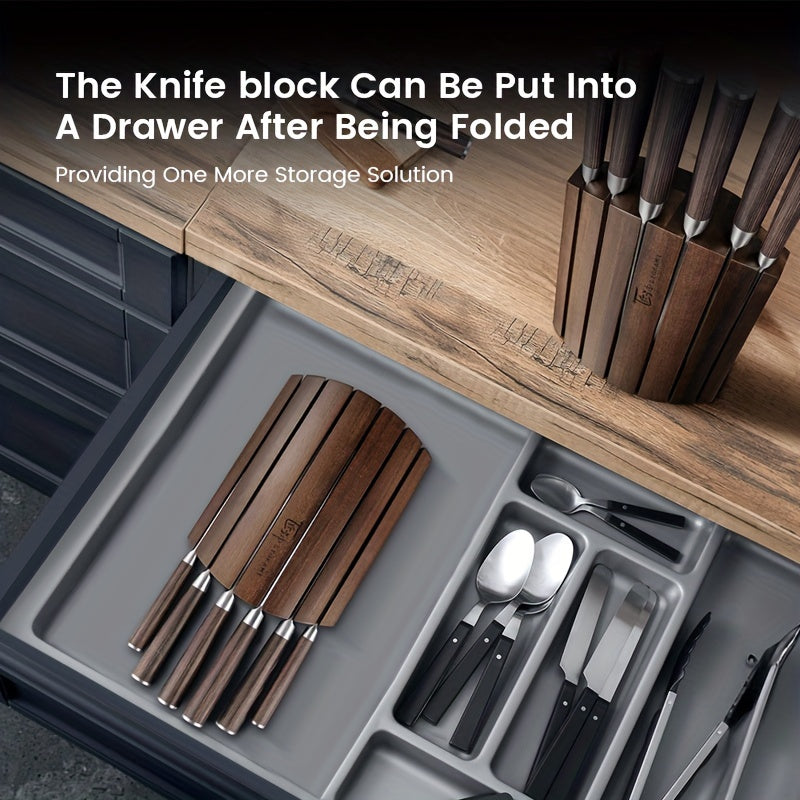 7pcs Japanese Style Kitchen Knife Block Set with Collapsible Block-Drawer or Countertop Organizer, Ultra Sharp High Carbon Steel Cutting Knives with Wood Handle, House Warming Gift