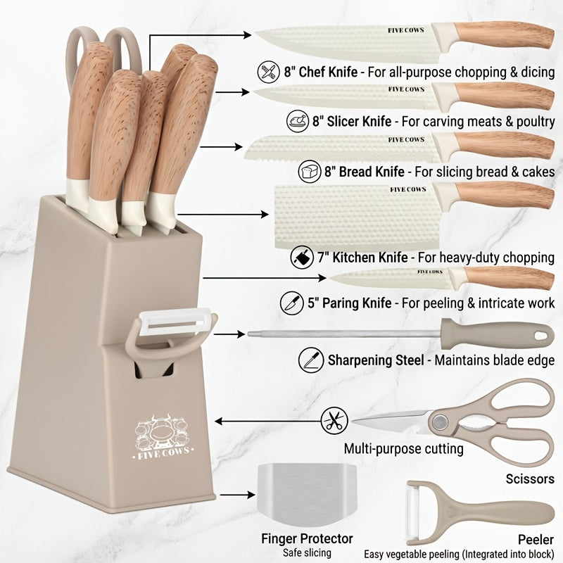 10pcs Knife Block Set with Sharpening Steel& Peeler- Chef& Bread Knives, Finger Guard| High-Carbon Stainless Steel, Dishwasher Safe| Perfect Christmas Gift for Home Chefs