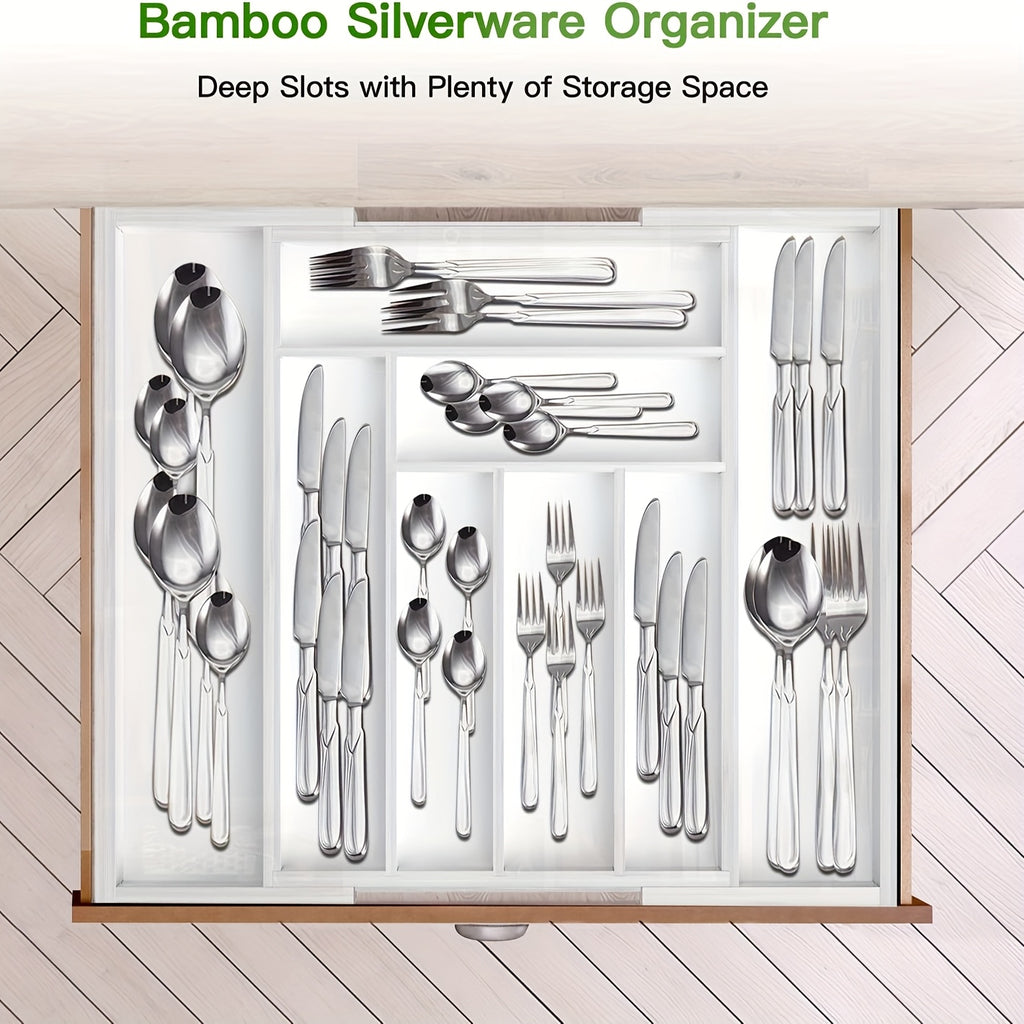 Expandable Bamboo Knife & Tool - Modular Drawer Storage with Adjustable Dividers, Expandable Width (Space-Saving), Odor-Resistant Utensil Tray for Kitchen, Office - Compatible for Knives, Spoons, Pens, Small Items