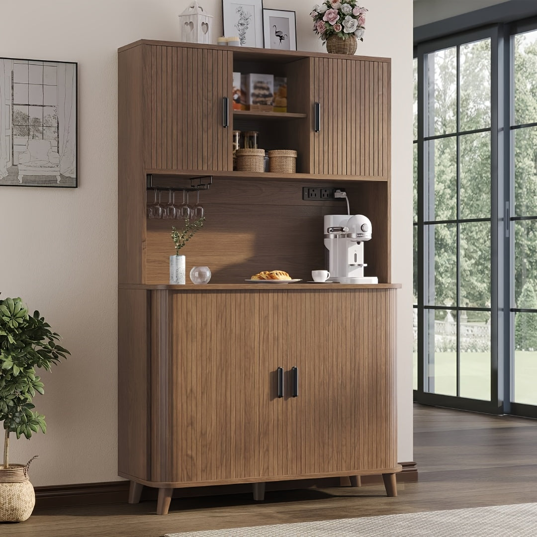 71'' Modern Kitchen Pantry Cabinet with Sliding Tambour Doors, Built-in Power Outlet & Adjustable Shelves - Heavy-Duty Freestanding Food Storage Cabinet with Wine Rack Suitable for Kitchen, Living Room, Buffet - \u002FMDF, Plug