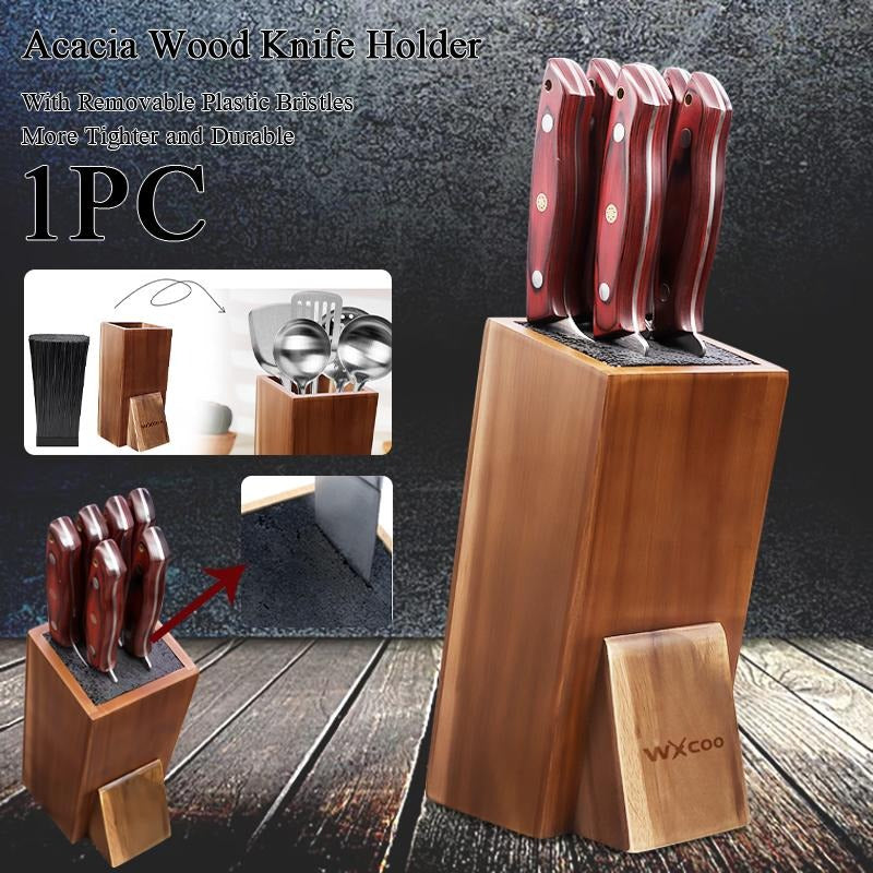1pc Heavy-Duty Acacia Wood Knife Block with Removable Plastic Bristle & Non-Slip Base - Upright Knife Holder, Storage Stand, Natural Wood Grain Knife Organizer Suitable for Kitchen Countertop