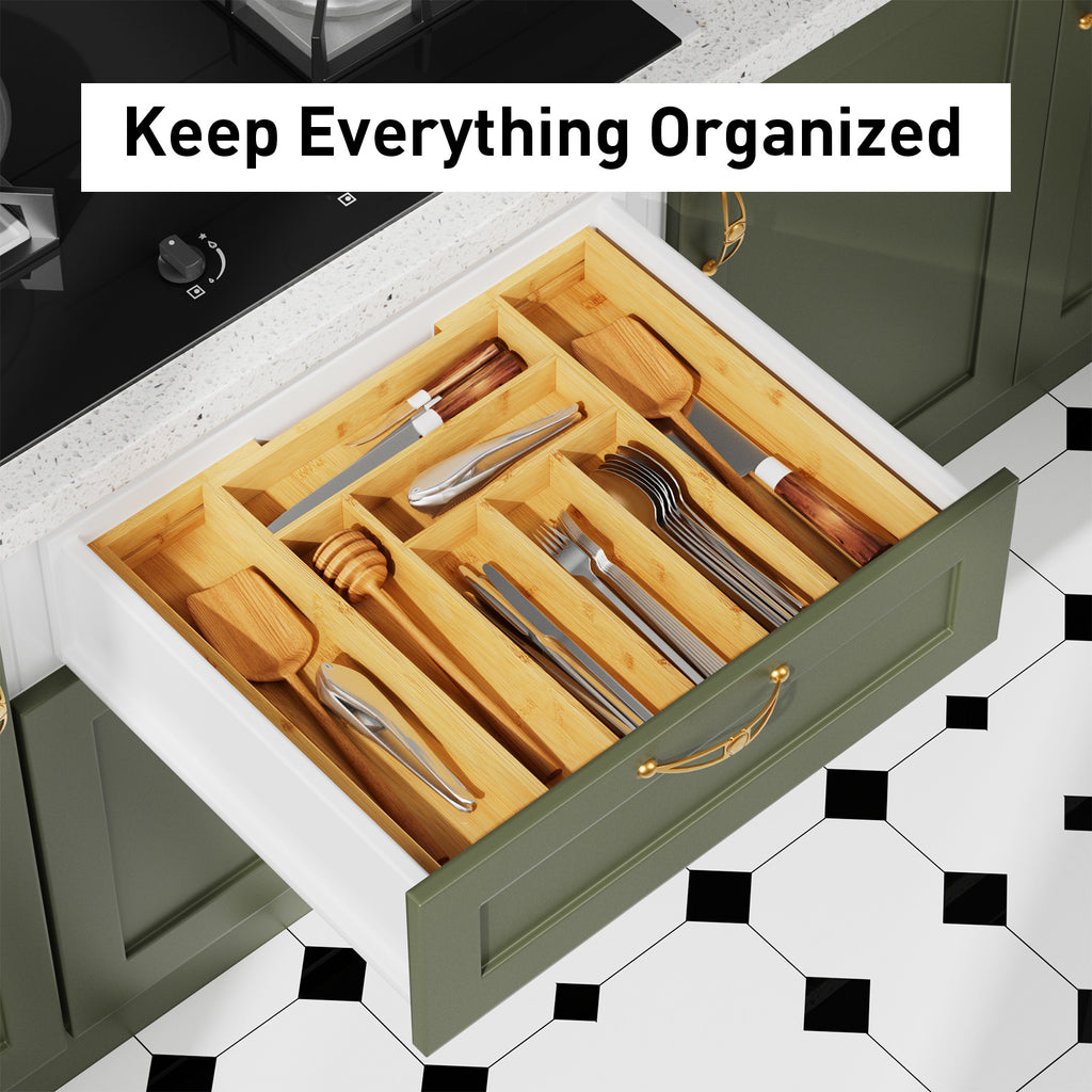 Expandable Bamboo Knife & Tool - Modular Drawer Storage with Adjustable Dividers, Expandable Width (Space-Saving), Odor-Resistant Utensil Tray for Kitchen, Office - Compatible for Knives, Spoons, Pens, Small Items