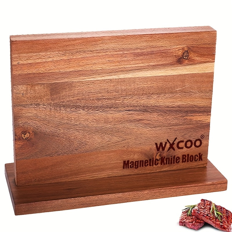 One Piece of a Double-Sided Wooden Knife Block Designed for Kitchen Convenience, Featuring a Magnetic Holder Rack with Strong Enhanced Magnets. This Multifunctional Storage Solution Serves As a Knife Organizer Without The Need for Drilling