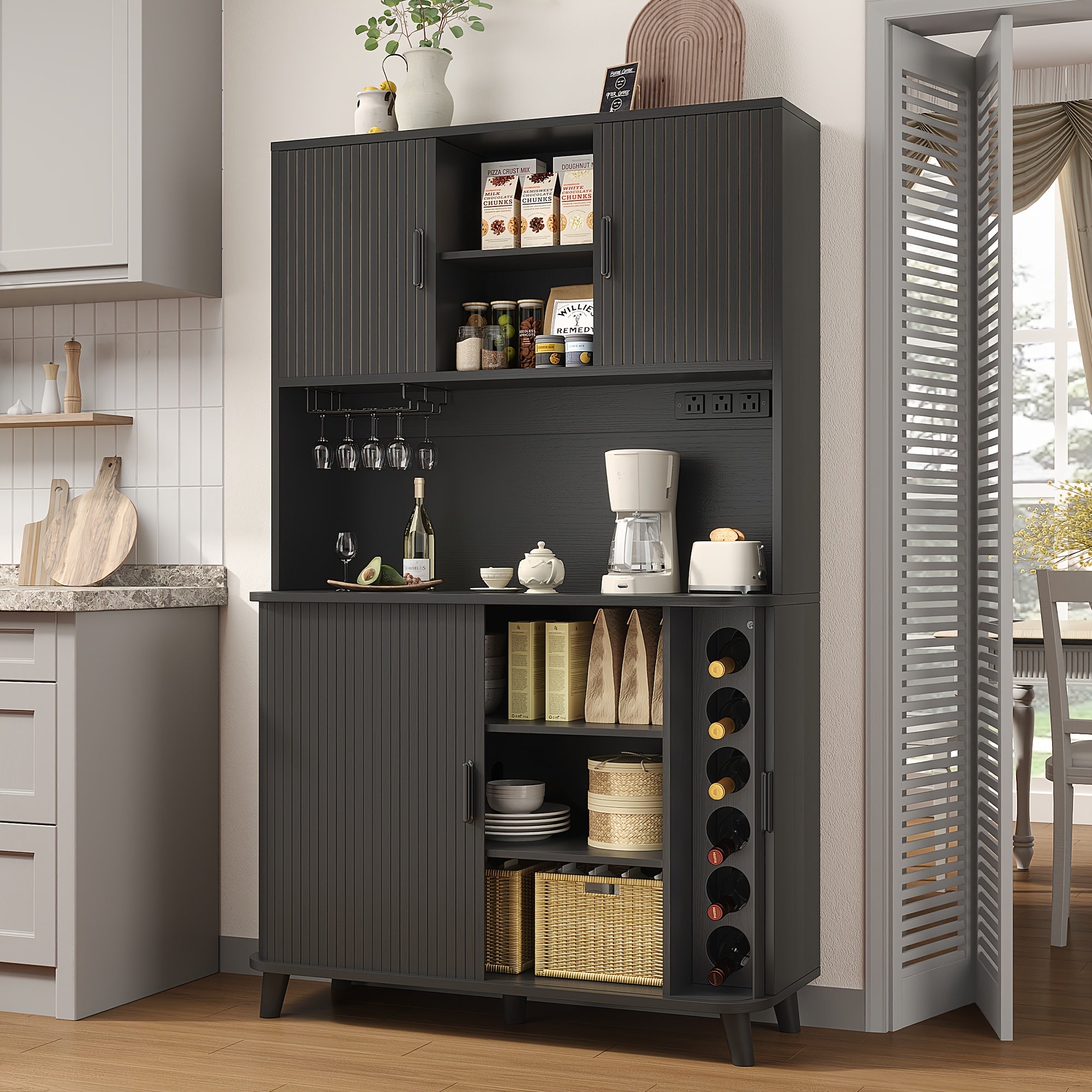 71'' Modern Kitchen Pantry Cabinet with Sliding Tambour Doors, Built-in Power Outlet & Adjustable Shelves - Heavy-Duty Freestanding Food Storage Cabinet with Wine Rack Suitable for Kitchen, Living Room, Buffet - \u002FMDF, Plug